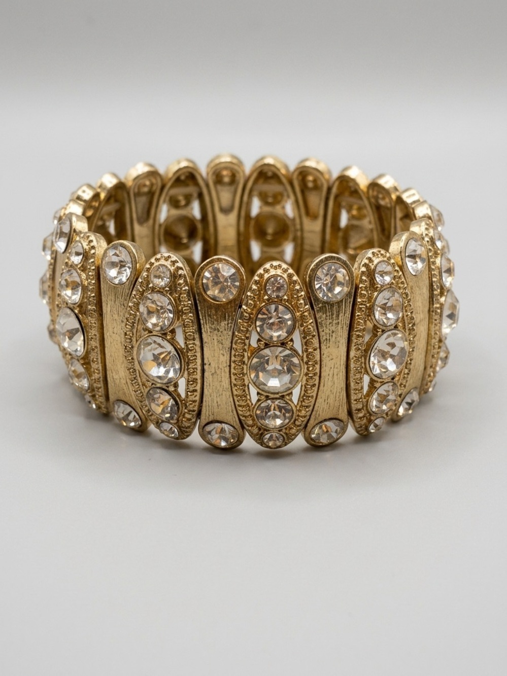 Gold-Tone Rhinestone Panel Stretch Bracelet Statement Costume Jewelry